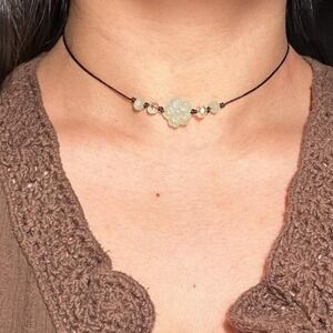 Handmade Green Glass Flower Choker Frosted Crystal Bead Cord Boho Adjustable